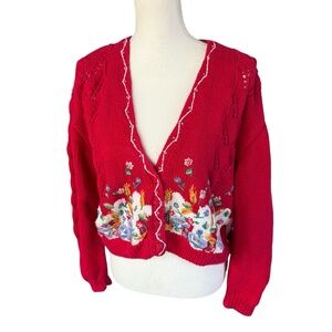Vtg Heirlooms Classics Red Handknit Sweater cardigan fence birds flowers medium